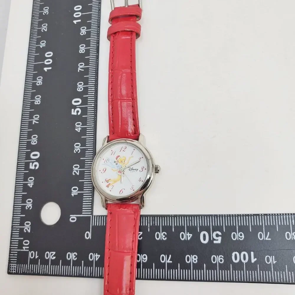 Disney Tinker Bell Holiday Quartz Watch Silver Red Leather